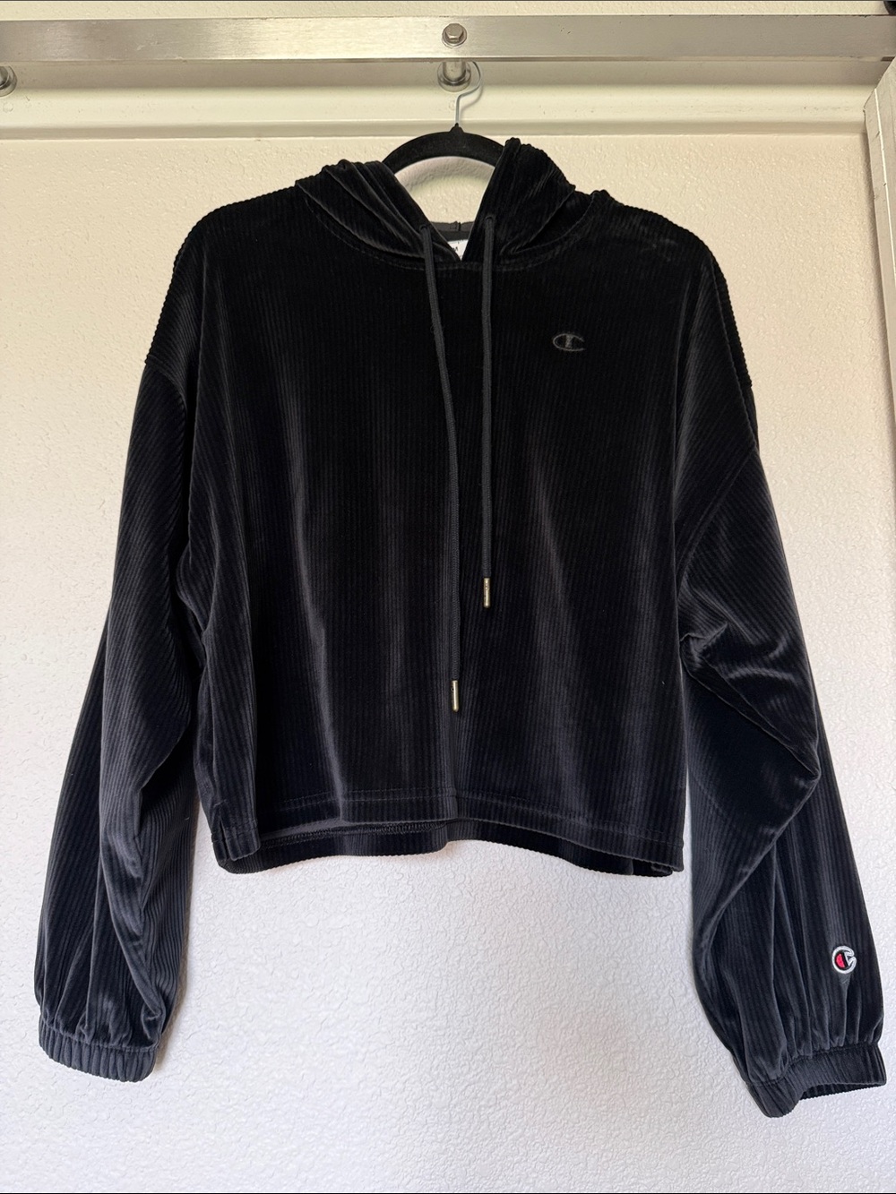 Champion Black Velour Cropped Hoodie Sweatshirt